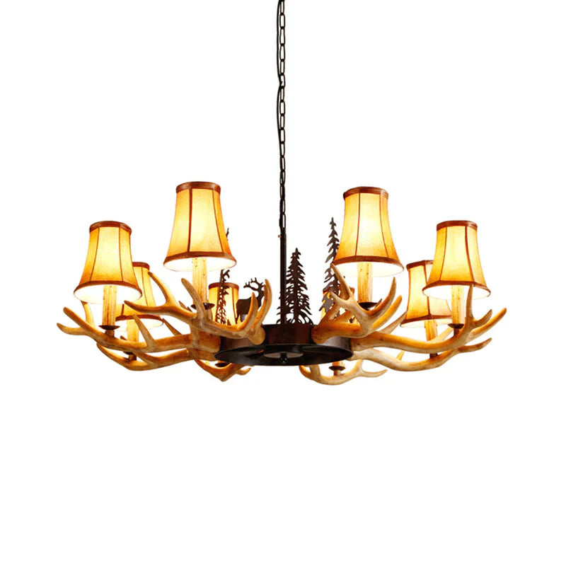 Coffee Paneled Bell Pendant Chandelier Rural Resin 8 Heads Dining Room Hanging Ceiling Light With