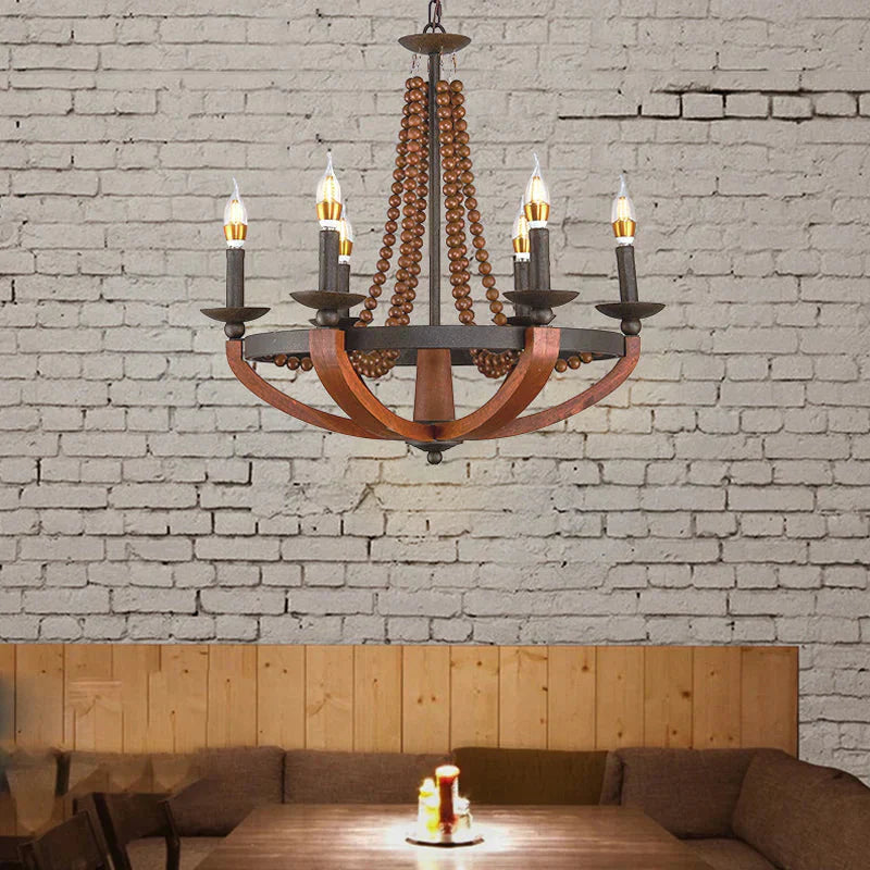 Rustic Candle Hanging Pendant 6 Lights Wooden Ceiling Chandelier In Red For Dining Room