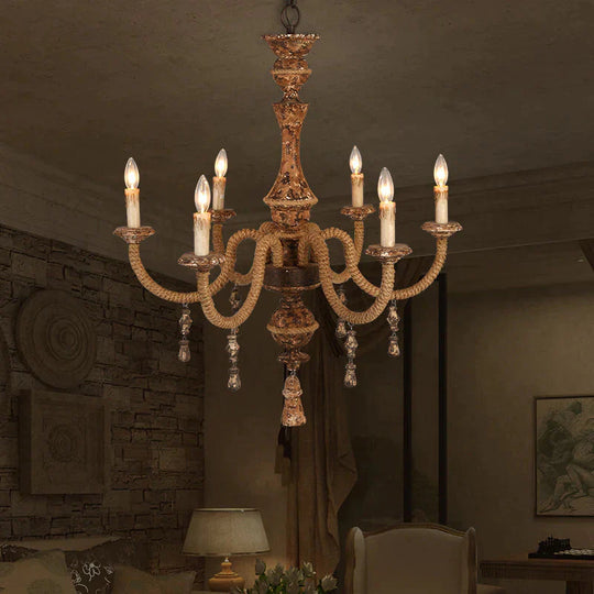 Candelabra Metal Ceiling Light Rustic 6 - Bulb Living Room Pendant Chandelier In Brown