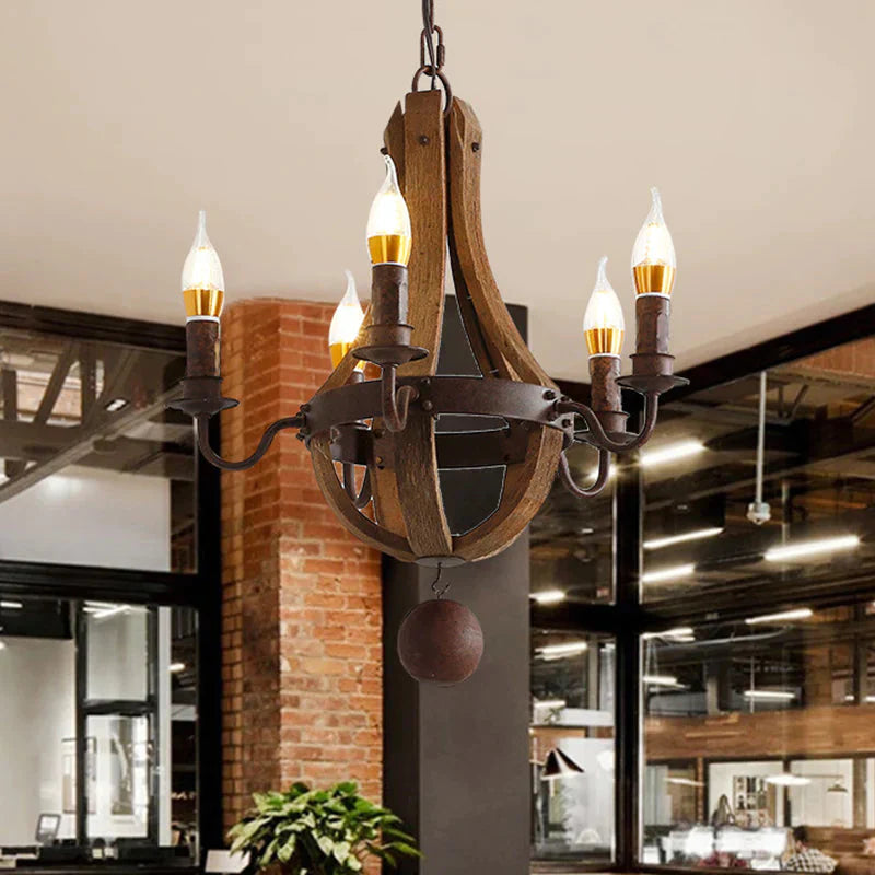 Rust 5 Lights Chandelier Lighting Rustic Wooden Basket Pendant Lamp For Restaurant 16.5’/19.5’ Wide