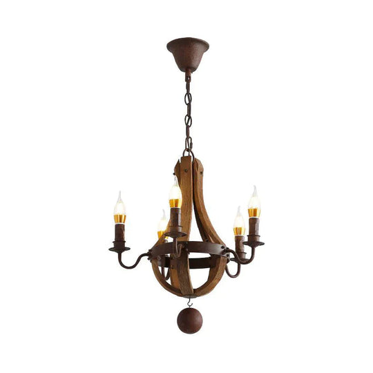 Rust 5 Lights Chandelier Lighting Rustic Wooden Basket Pendant Lamp For Restaurant 16.5’/19.5’ Wide