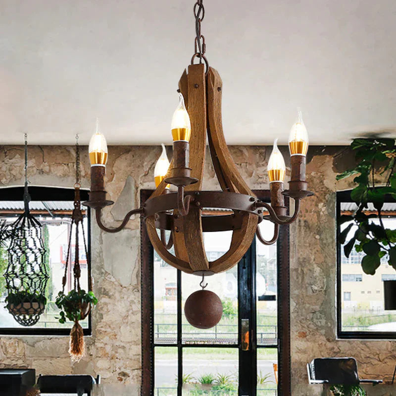 Rust 5 Lights Chandelier Lighting Rustic Wooden Basket Pendant Lamp For Restaurant 16.5’/19.5’ Wide