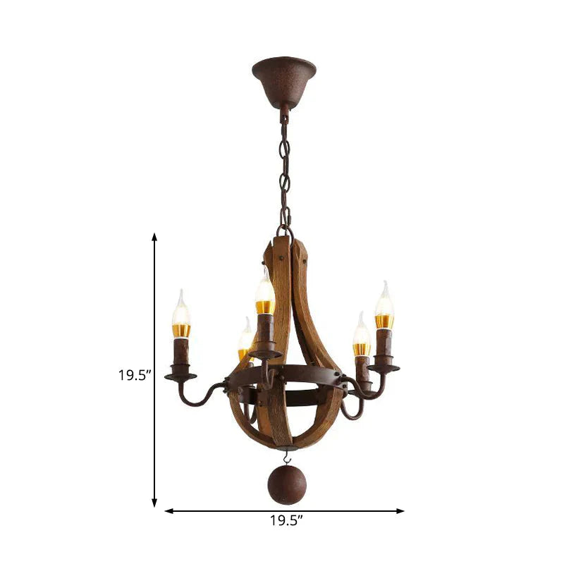 Rust 5 Lights Chandelier Lighting Rustic Wooden Basket Pendant Lamp For Restaurant 16.5’/19.5’ Wide