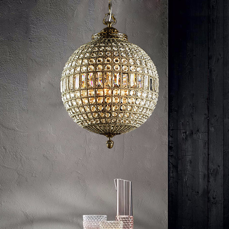Traditional Orb Hanging Lamp 3 Bulbs Crystal Chandelier Light Fixture In Brass For Living Room