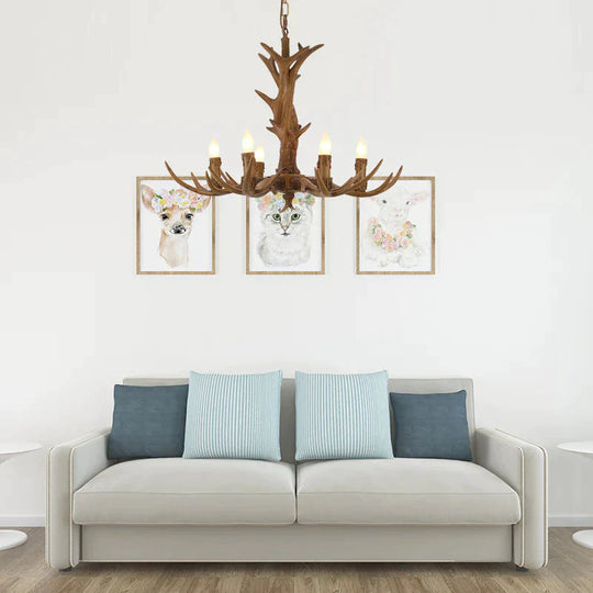 Rural Candelabra Hanging Pendant 6 Lights Resin Ceiling Chandelier In Tan For Living Room