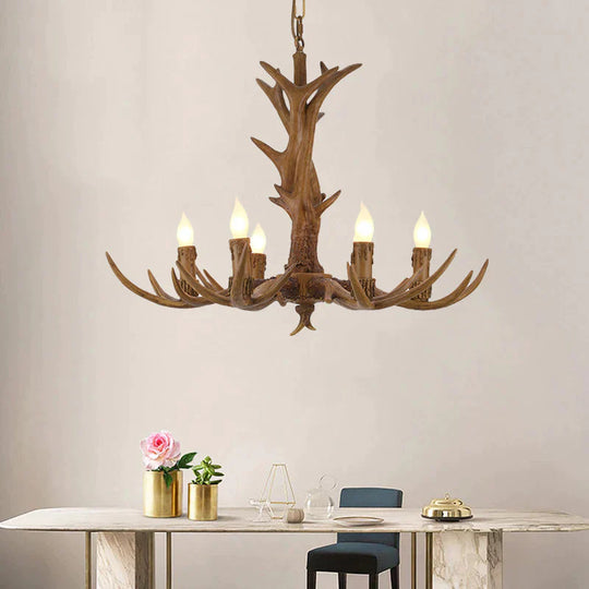 Rural Candelabra Hanging Pendant 6 Lights Resin Ceiling Chandelier In Tan For Living Room