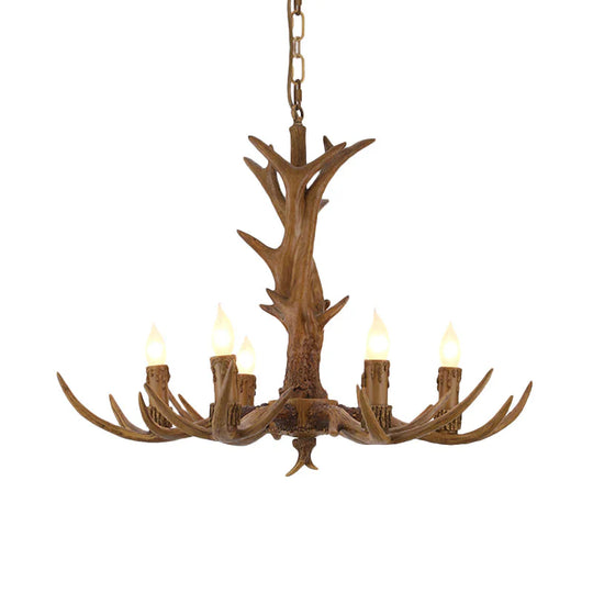 Rural Candelabra Hanging Pendant 6 Lights Resin Ceiling Chandelier In Tan For Living Room