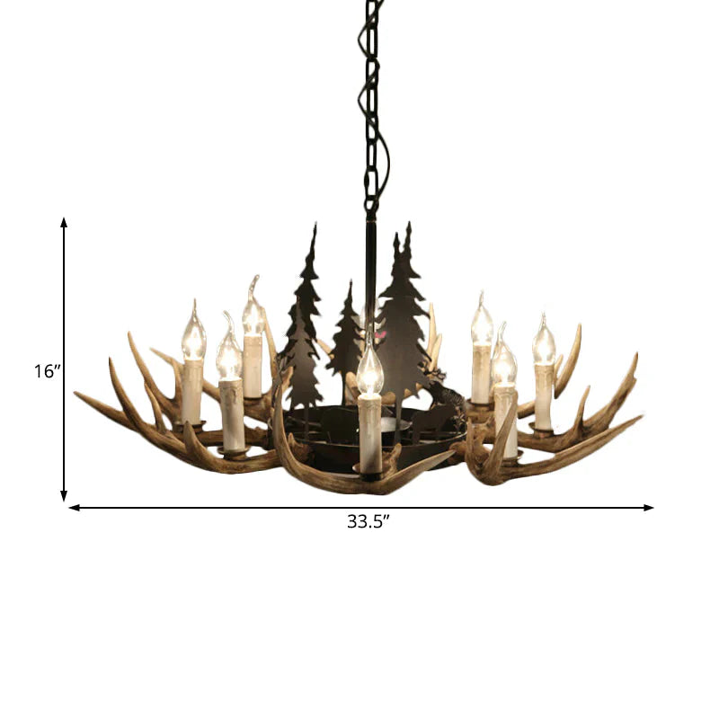 8 - Bulb Resin Chandelier Lighting Rustic Light Brown Deer Antler Indoor Suspension With Pine Tree