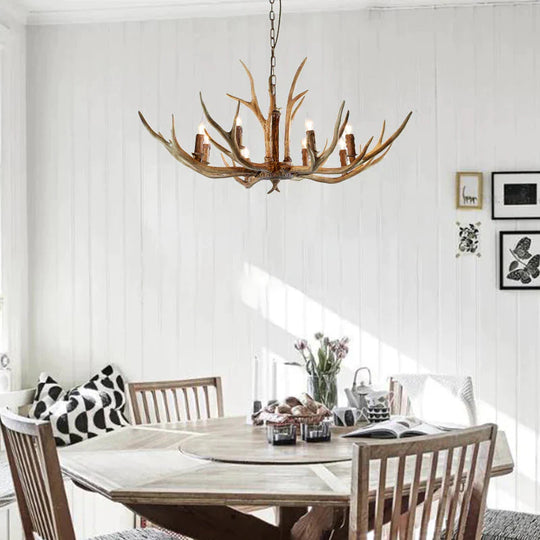 Brown 8 Lights Chandelier Lighting Rural Resin Candelabra Pendant Lamp With Antler Accent For