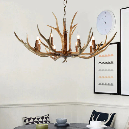 Brown 8 Lights Chandelier Lighting Rural Resin Candelabra Pendant Lamp With Antler Accent For