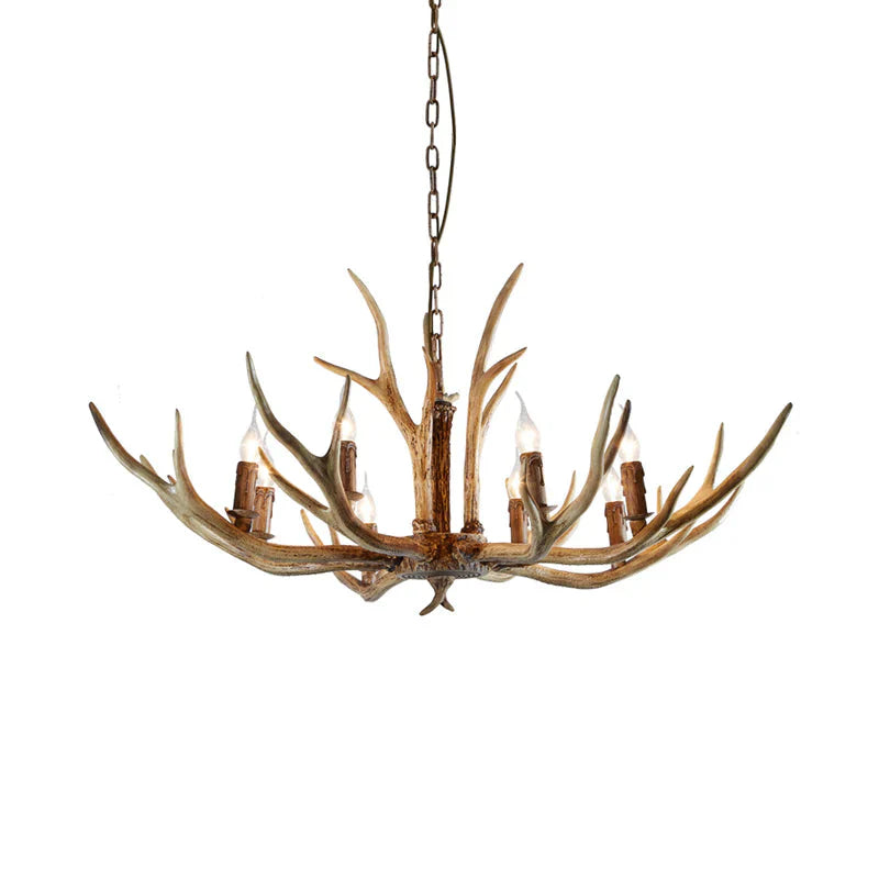 Brown 8 Lights Chandelier Lighting Rural Resin Candelabra Pendant Lamp With Antler Accent For