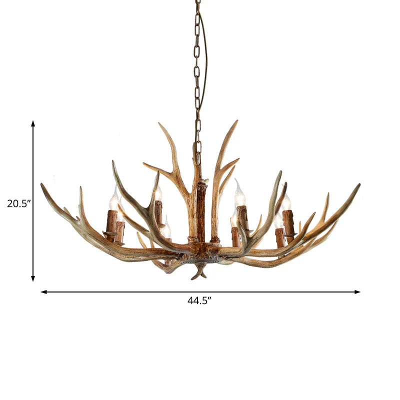 Brown 8 Lights Chandelier Lighting Rural Resin Candelabra Pendant Lamp With Antler Accent For