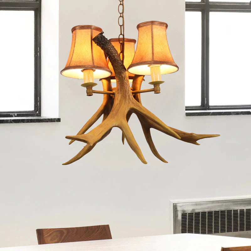 Rural Cone Hanging Lamp 3 Bulbs Fabric Chandelier Light Fixture With Deer Antler In Brown