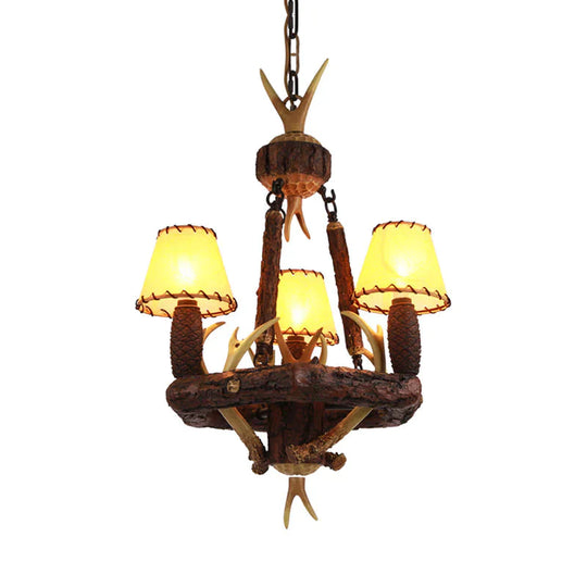 Brown Cone Pendant Chandelier Farmhouse Fabric 3 - Head Living Room Hanging Ceiling Light