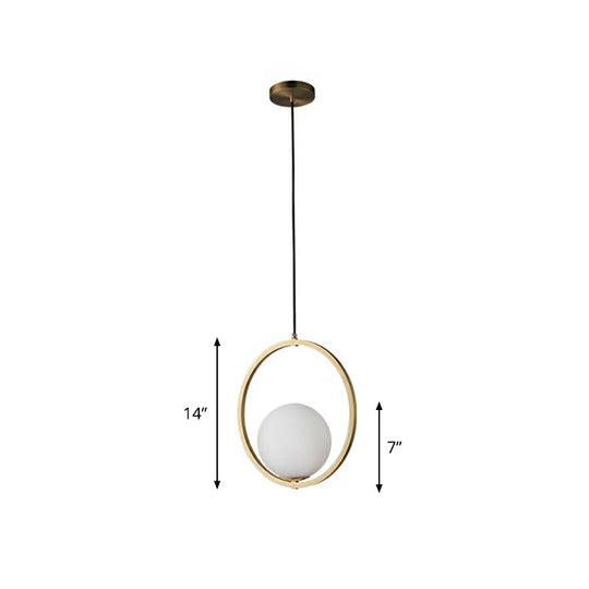 Opaque Glass Ball Ceiling Suspension Brass Drop Pendant With Metal Ring / 14’ Lighting