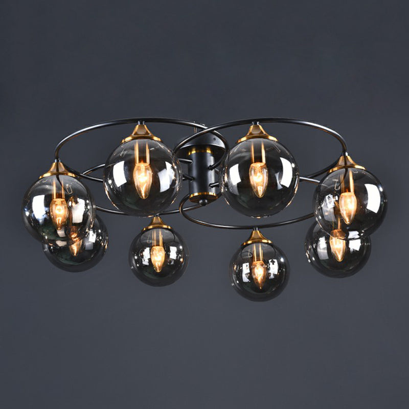 Black And Brass Postmodern Semi - Flush Chandelier With Glass Ball Shade For Ceiling Lighting Lamp