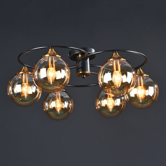 Black And Brass Postmodern Semi - Flush Chandelier With Glass Ball Shade For Ceiling Lighting Lamp