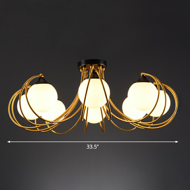 Postmodern Brass Finish Floral Semi - Flush Ceiling Light - Elegant Glass Flushmount For Living