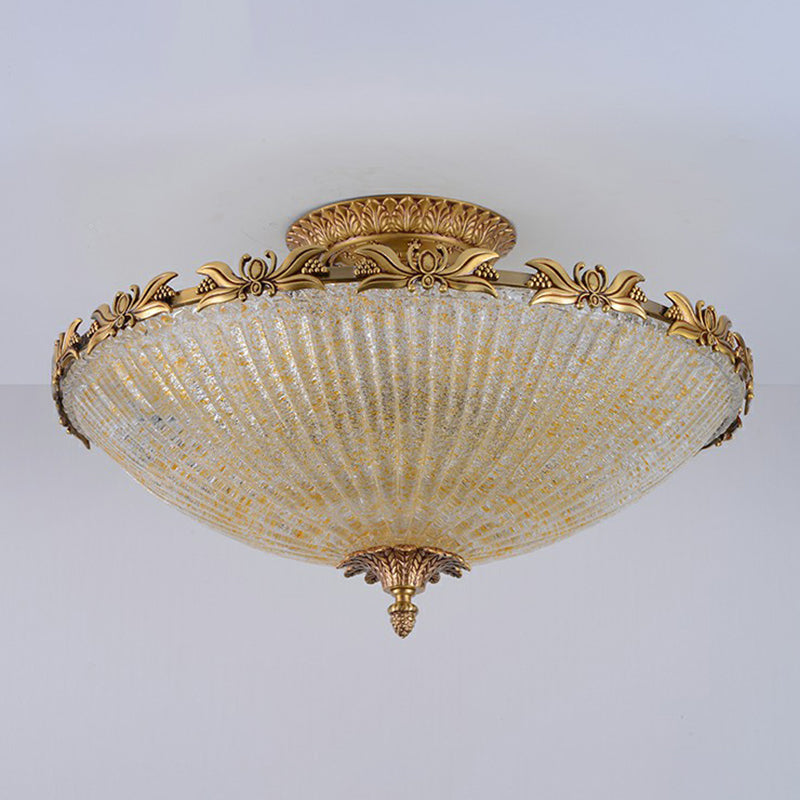 Semi Mount Lighting In Brass With Antiqued Bowl Shaped Flush Light And Clear Variegated Glass