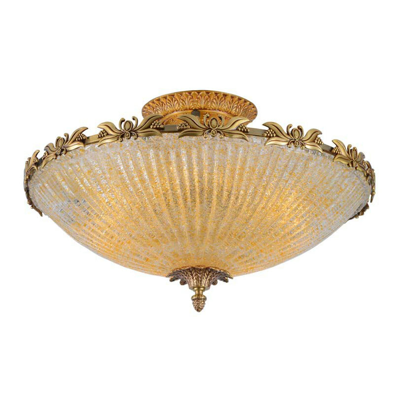 Semi Mount Lighting In Brass With Antiqued Bowl Shaped Flush Light And Clear Variegated Glass /