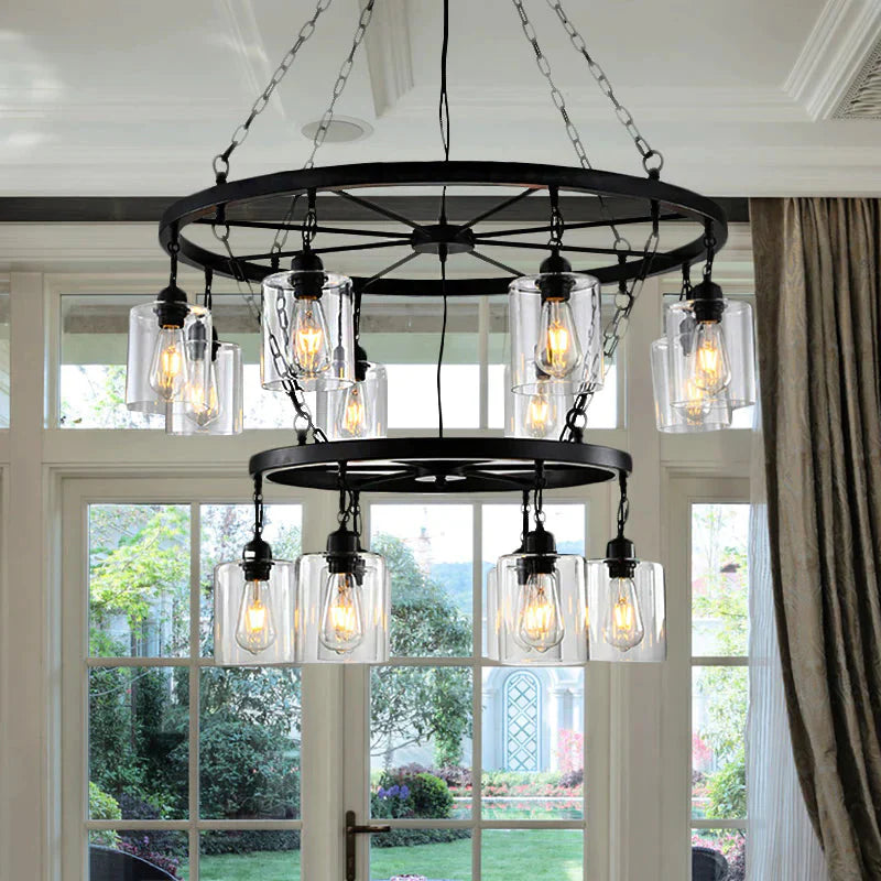 Traditional Two - Tiers 14 Lights Clear Glass Hanging Chandelier In Black With Cylinder Shade