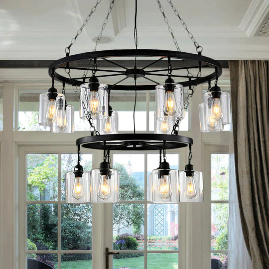 Traditional Two - Tiers 14 Lights Clear Glass Hanging Chandelier In Black With Cylinder Shade