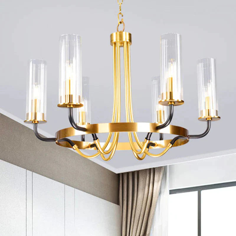 6/8 Lights Pendant Light Classic Tube Clear Glass Hanging Chandelier In Black/Gold With Wheel Design