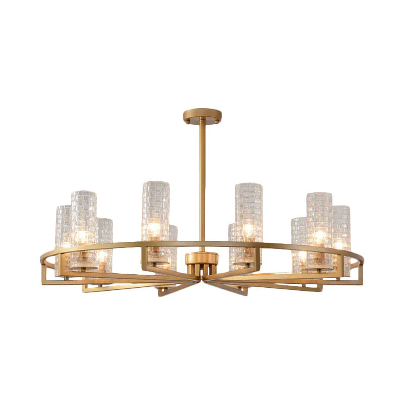 Gold Cylinder Chandelier Lamp Traditional Clear Ribbed Glass 6/8/10 Lights Living Room Hanging