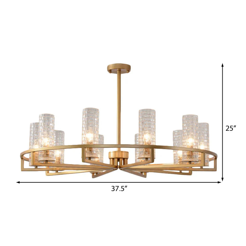 Gold Cylinder Chandelier Lamp Traditional Clear Ribbed Glass 6/8/10 Lights Living Room Hanging