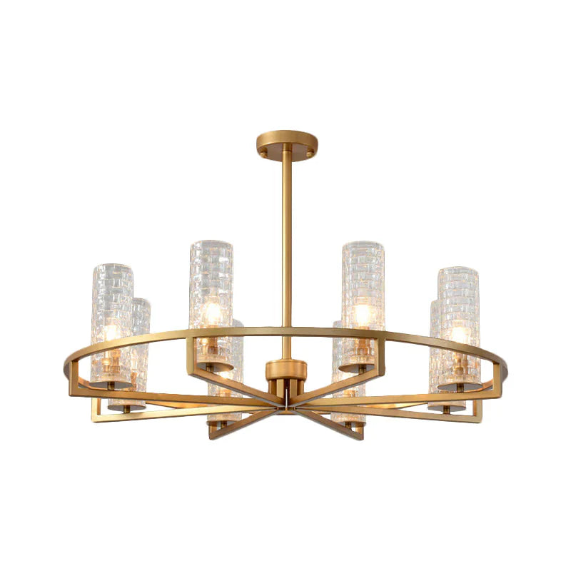 Gold Cylinder Chandelier Lamp Traditional Clear Ribbed Glass 6/8/10 Lights Living Room Hanging