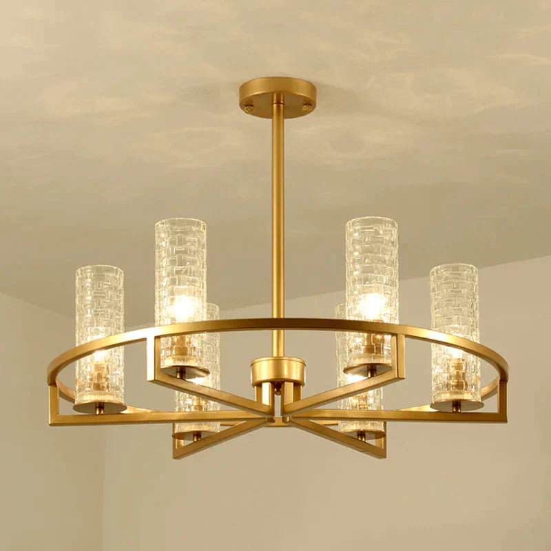 Gold Cylinder Chandelier Lamp Traditional Clear Ribbed Glass 6/8/10 Lights Living Room Hanging