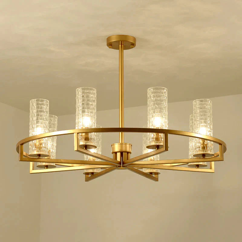 Gold Cylinder Chandelier Lamp Traditional Clear Ribbed Glass 6/8/10 Lights Living Room Hanging