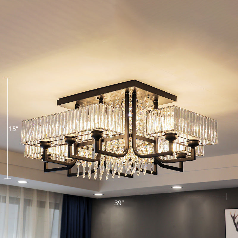 Black Semi Flush Mount Light With Prismatic Crystal For Living Room - Contemporary Rectangle