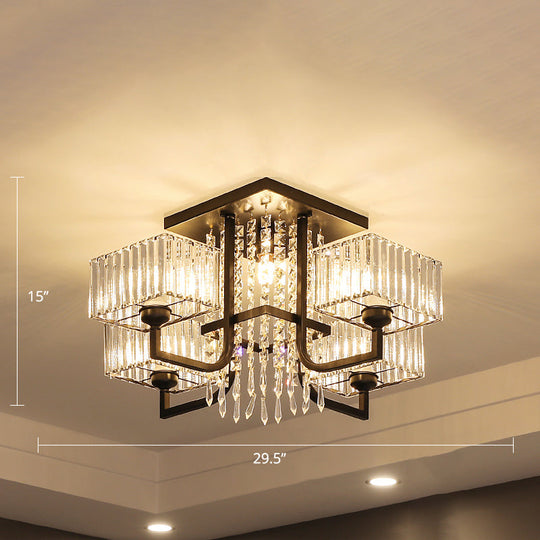 Black Semi Flush Mount Light With Prismatic Crystal For Living Room - Contemporary Rectangle