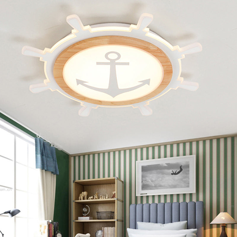 Kids Room Led Flush Mount With Creative Acrylic Light And Nautical Theme In Wood Finish - Ceiling /