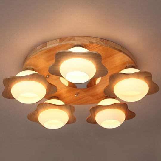 Modern Wood Flushmount With Flower Ivory Glass Shade - 5 Lights Bedroom Flush Ceiling Light