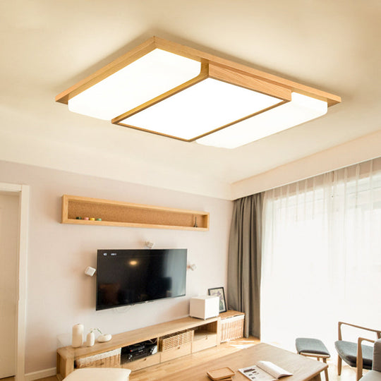 Minimalist Led Flush Mount Lighting With Ash Wood Design - Rectangle Living Room Ceiling Lamp 3 /