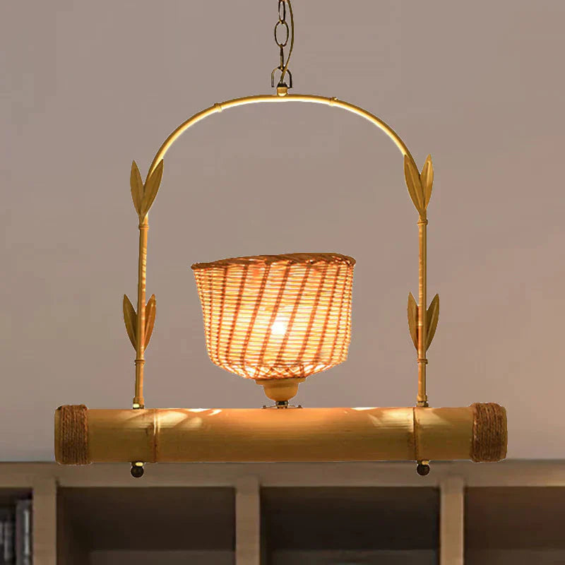 Rattan Basket Shade Chandelier Light Country Style 1/2 - Light Beige Ceiling Lamp With Bird Cage