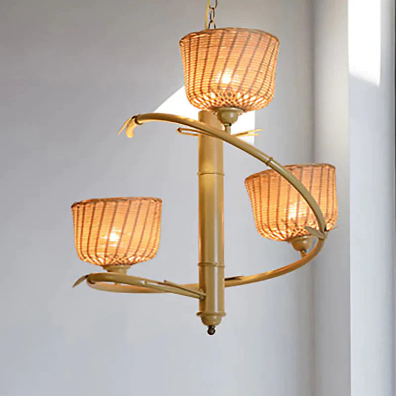 Rattan Basket Shade Chandelier Light Country Style 1/2 - Light Beige Ceiling Lamp With Bird Cage