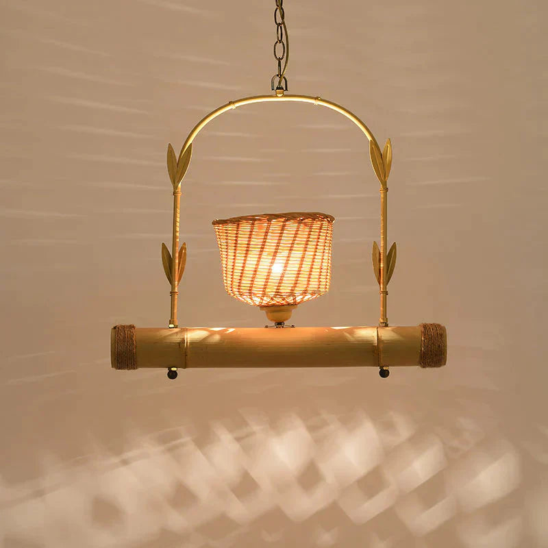 Rattan Basket Shade Chandelier Light Country Style 1/2 - Light Beige Ceiling Lamp With Bird Cage