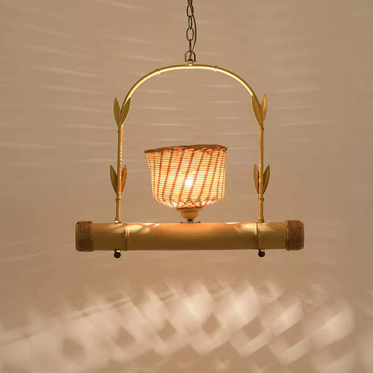 Rattan Basket Shade Chandelier Light Country Style 1/2 - Light Beige Ceiling Lamp With Bird Cage