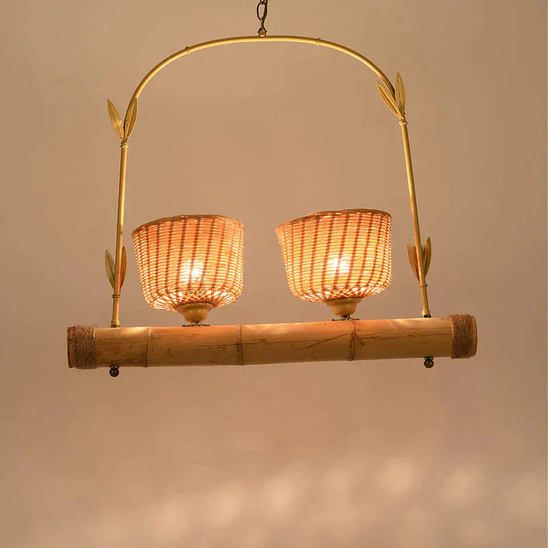 Rattan Basket Shade Chandelier Light Country Style 1/2 - Light Beige Ceiling Lamp With Bird Cage