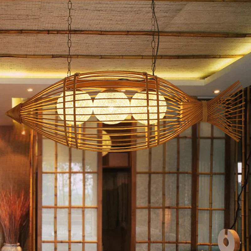 Bamboo Fish Shaped Chandelier Lighting Asian Style 39’/57’ W 3 Bulbs Beige Hanging Light With