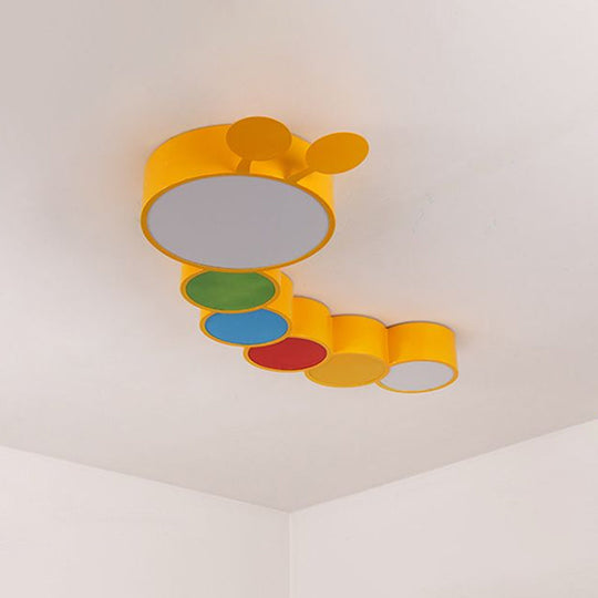 Lighting Up Learning: Yellow Metal Led Flush Mount Fixture With Adorable Cartoon Caterpillar Design