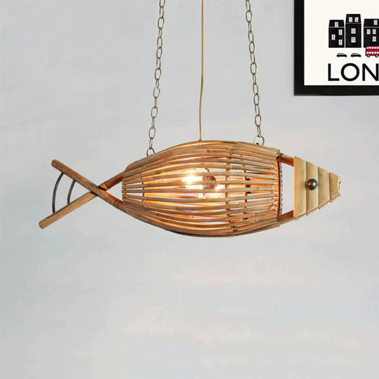 Coastal Style Fish Shaped Chandelier Light Fixture Bamboo 1 Bedroom Suspension Lamp In Beige