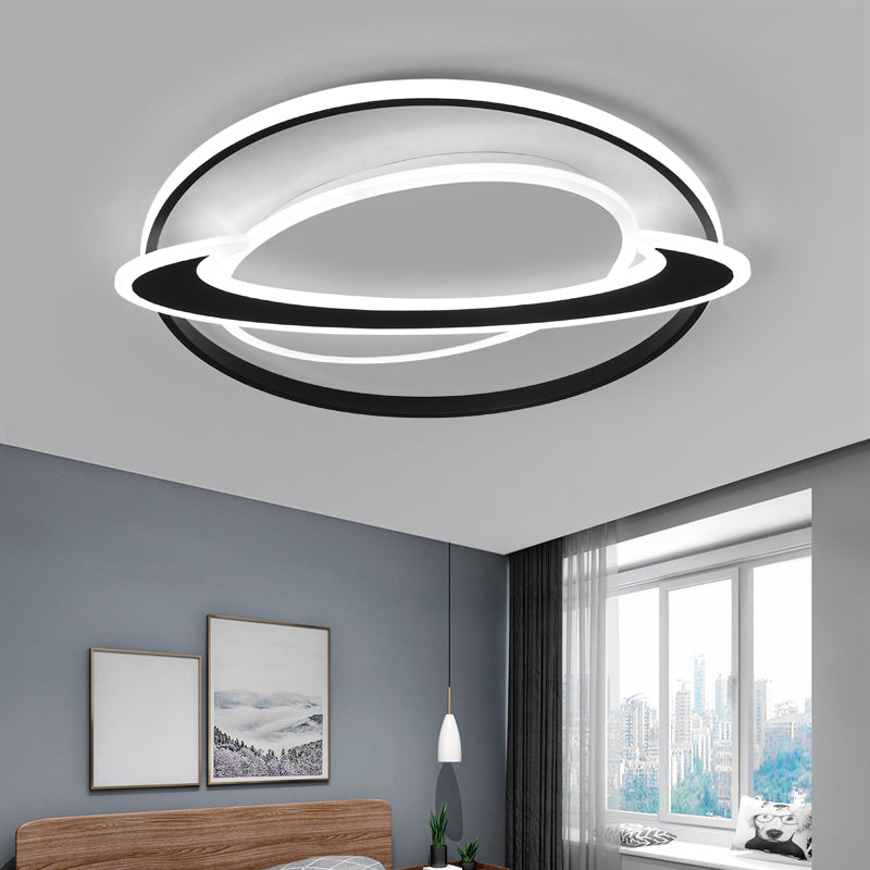 Cosmic Bedroom Glow: Black - White Acrylic Led Flush Mount Ceiling Light With A Ringed Planet Design