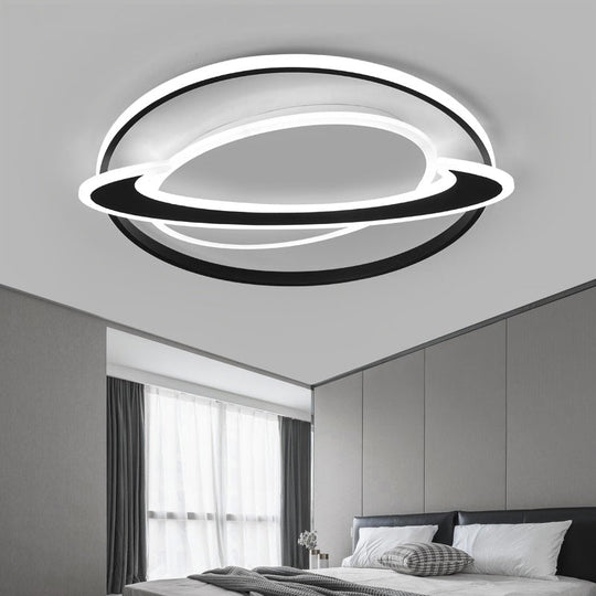 Cosmic Bedroom Glow: Black - White Acrylic Led Flush Mount Ceiling Light With A Ringed Planet Design