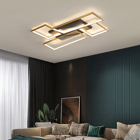 Sleek Living Room Shine: Simplistic Black - Gold Led Metal Rectangle Flush Mount Ceiling Lamp.