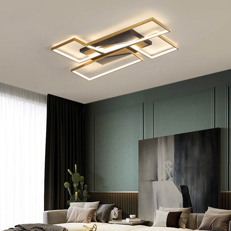 Sleek Living Room Shine: Simplistic Black - Gold Led Metal Rectangle Flush Mount Ceiling Lamp.