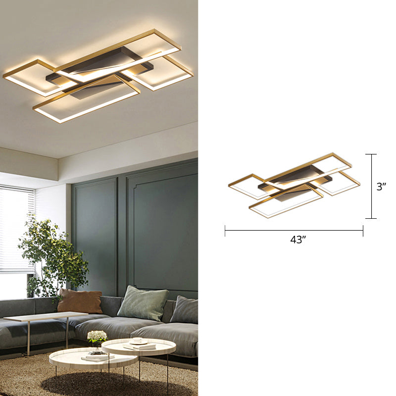 Sleek Living Room Shine: Simplistic Black - Gold Led Metal Rectangle Flush Mount Ceiling Lamp.